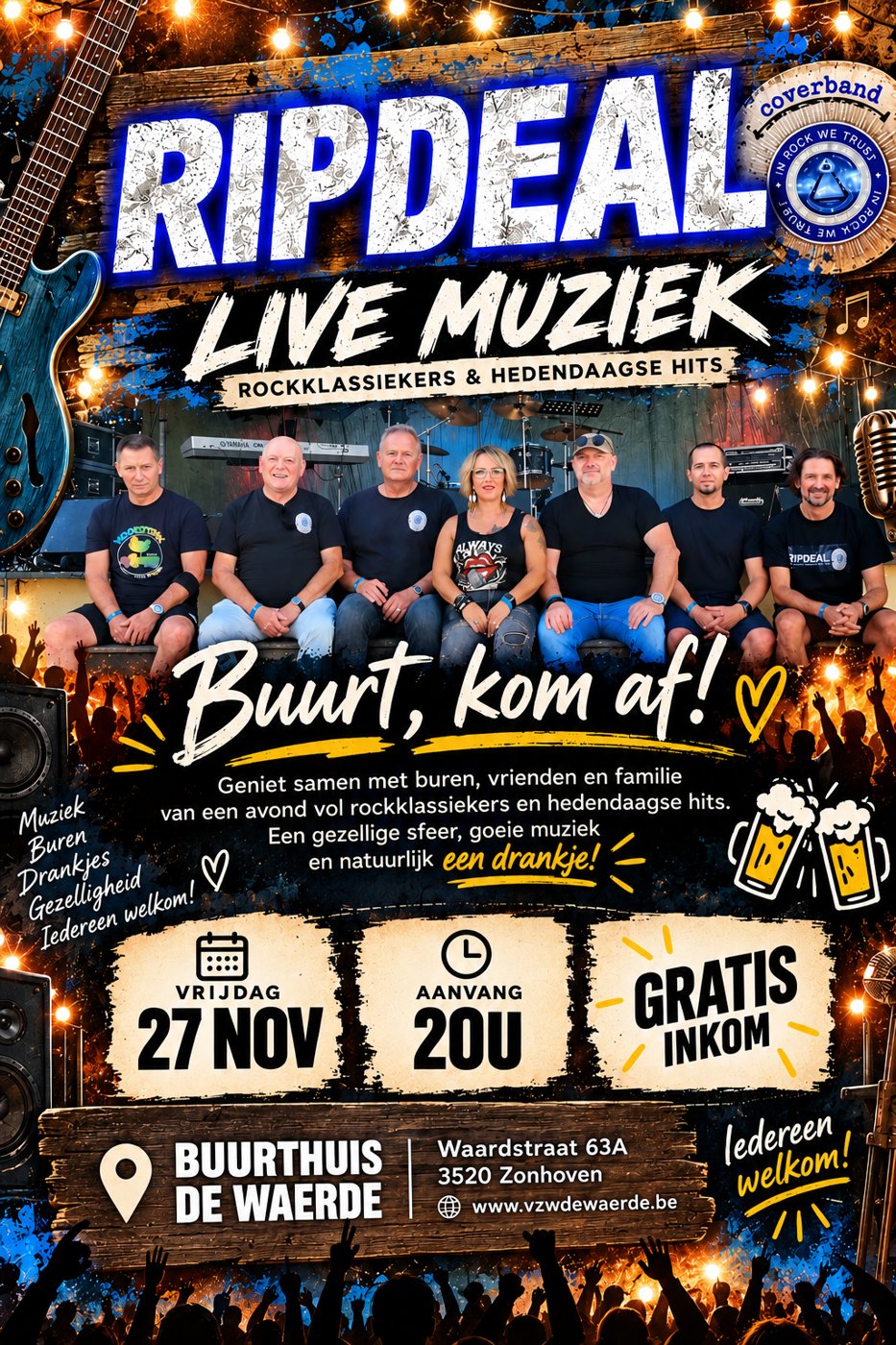 Flyer RIPDEAL live in Buurthuis De Waerde, vrijdag 27 november, aanvang 20u, gratis inkom